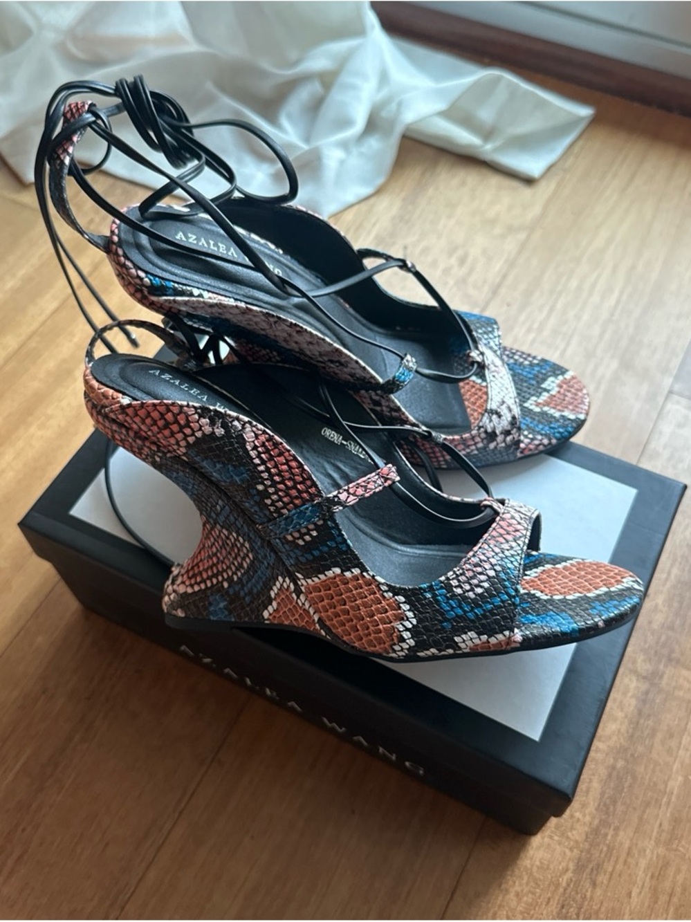 Azalea Wang Multicolor Snake-Print Lace-Up Wedges